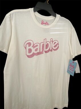 Barbie White Tee with Pink Glitter Script Logo